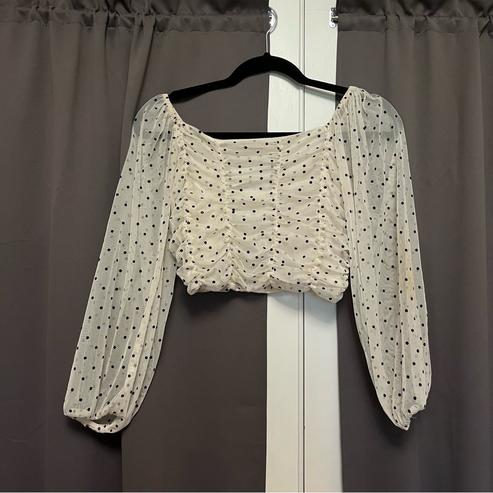 Bershka Polka Dot Mesh Sleeve Crop Top